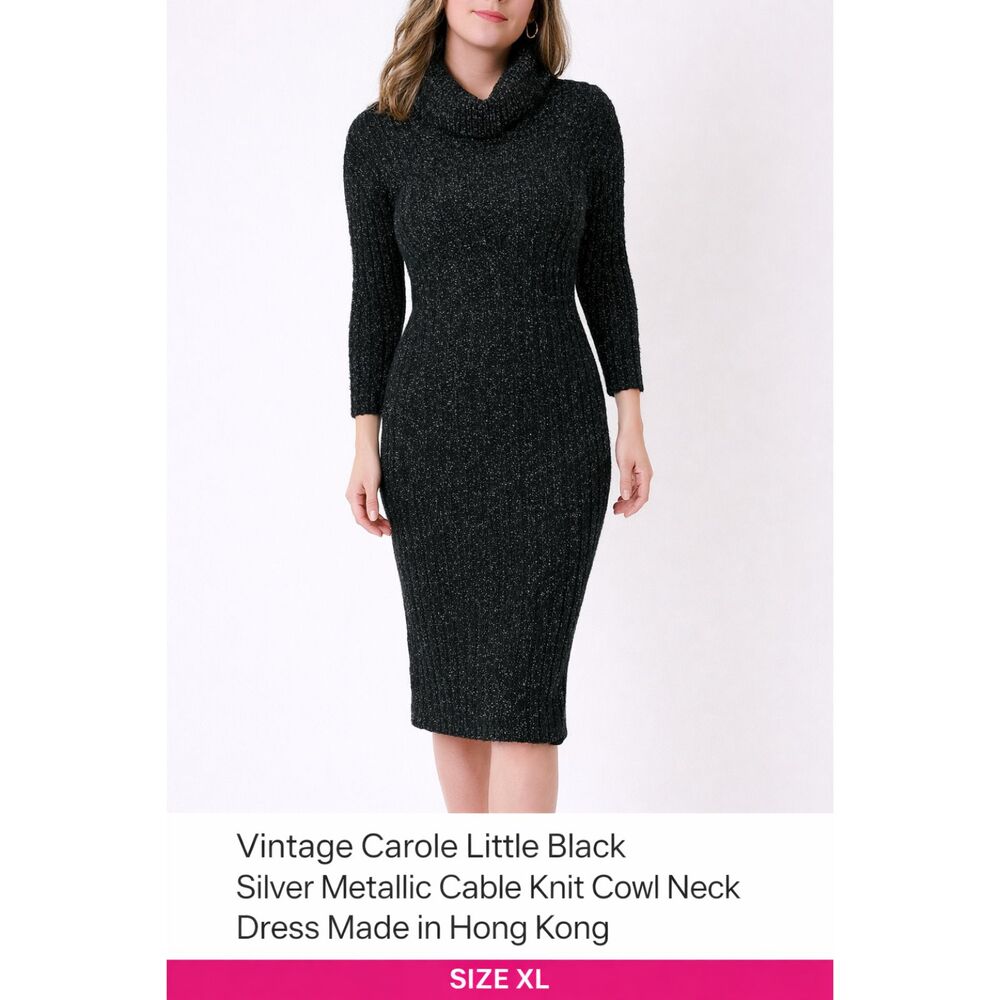 Carole Little Black Sweater Dress Cable Knit With Metallic Threads Vintage Large
